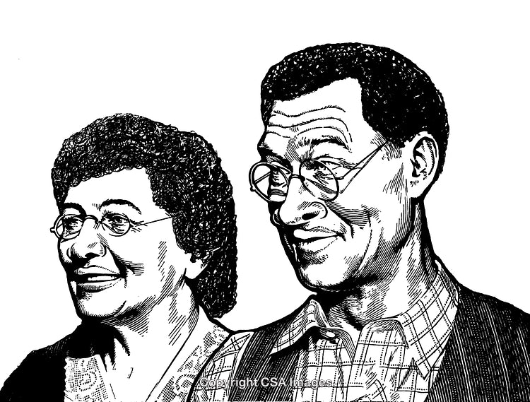 Black and White Engraving of an Elderly Couple Smiling Together