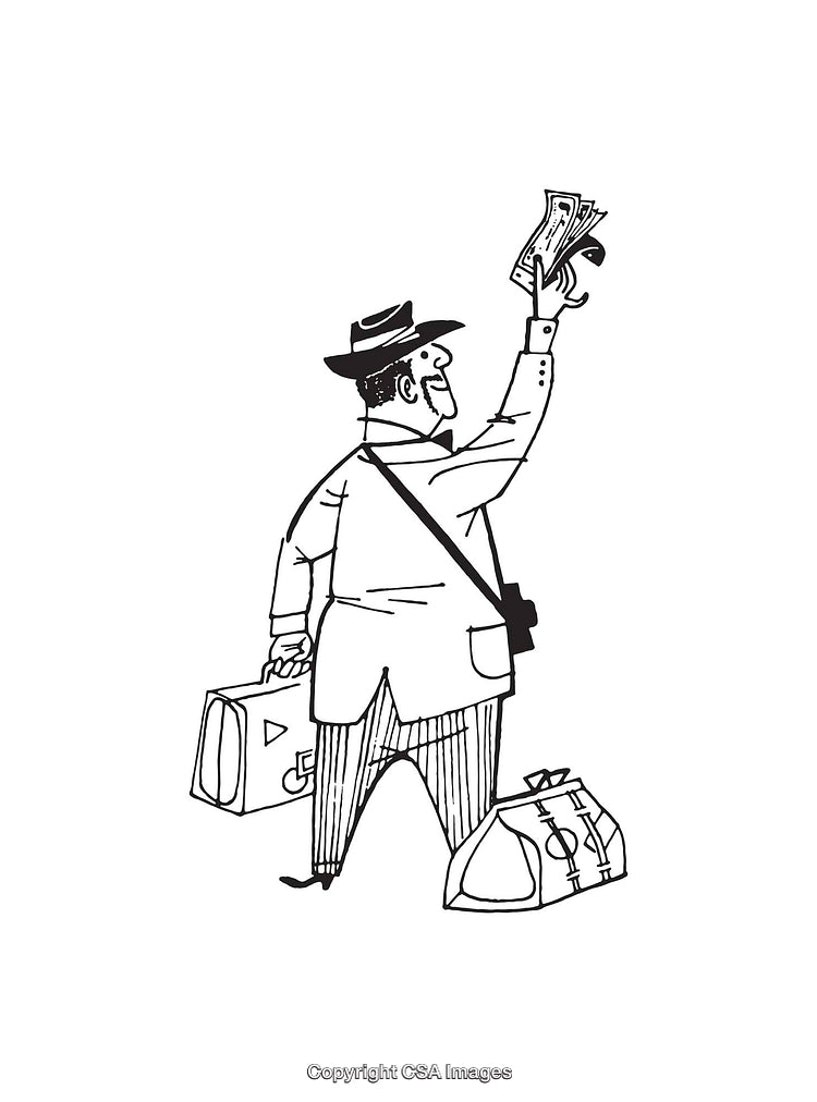 Black And White Illustration of a Traveler With Luggage and Money