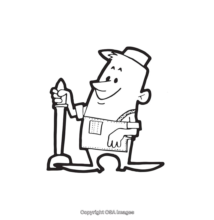 Black and White Cartoon Illustration of a Plumber with Plumbing Tools