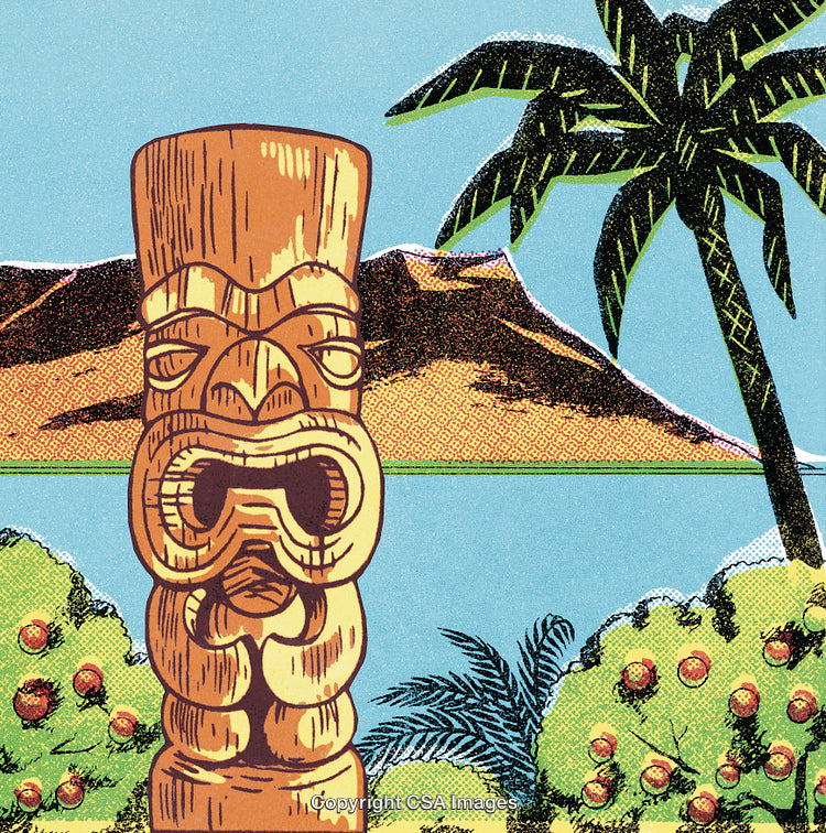 Vintage Tiki Sculpture with Island Landscape and Palm Trees Artwork