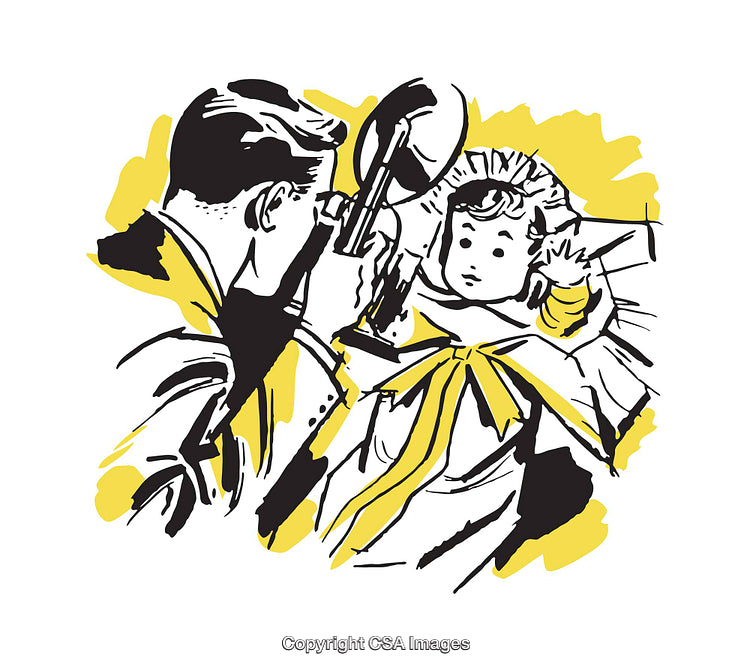 Vintage Illustration of a Doctor Examining a Baby with a Stethoscope