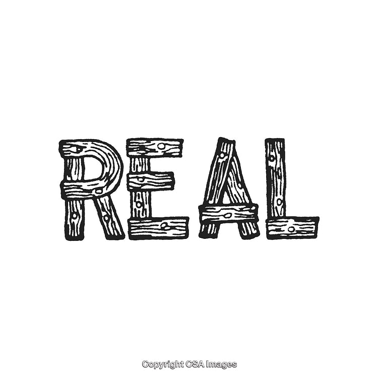 Rustic Wooden Lettering Forming the Word REAL on a White Background