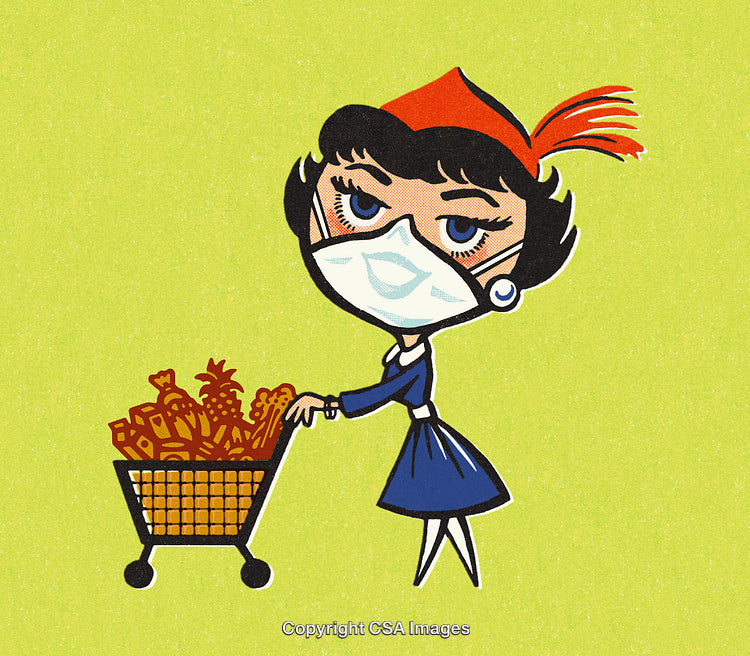 Retro Styled Woman Shopping With Grocery Cart Wearing a Protective Face Mask