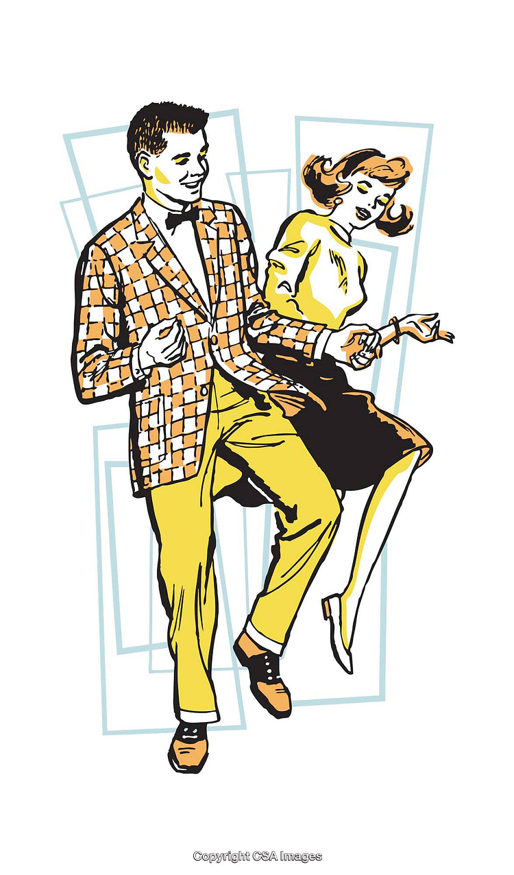 Retro Dancing Couple Animated in Vibrant Mid-Century Style Illustration