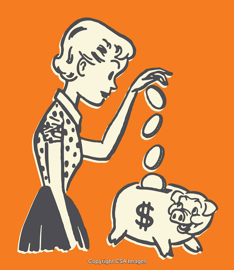 Vintage Illustration of Woman Saving Money in Piggy Bank