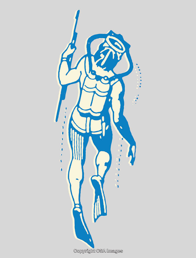 Blue Diving Figure Illustration Depicting Spearfishing with Vintage Style