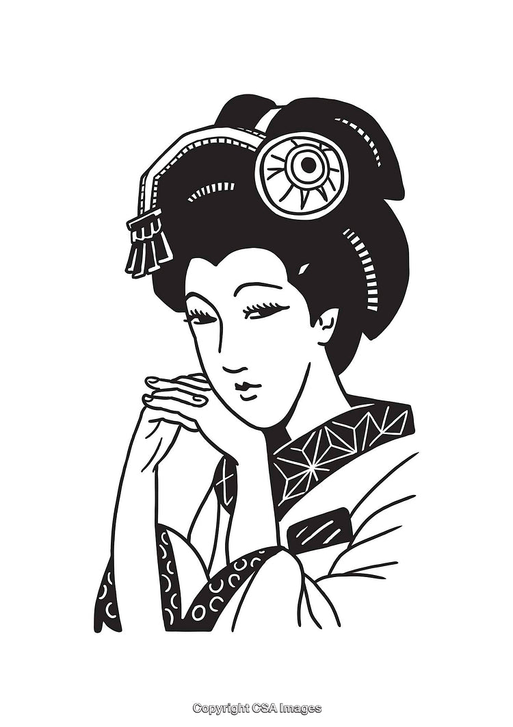 Elegant Line Art Illustration of Traditional Japanese Geisha in Black and White