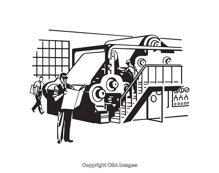 Black And White Illustration of Factory Workers and Industrial Machinery