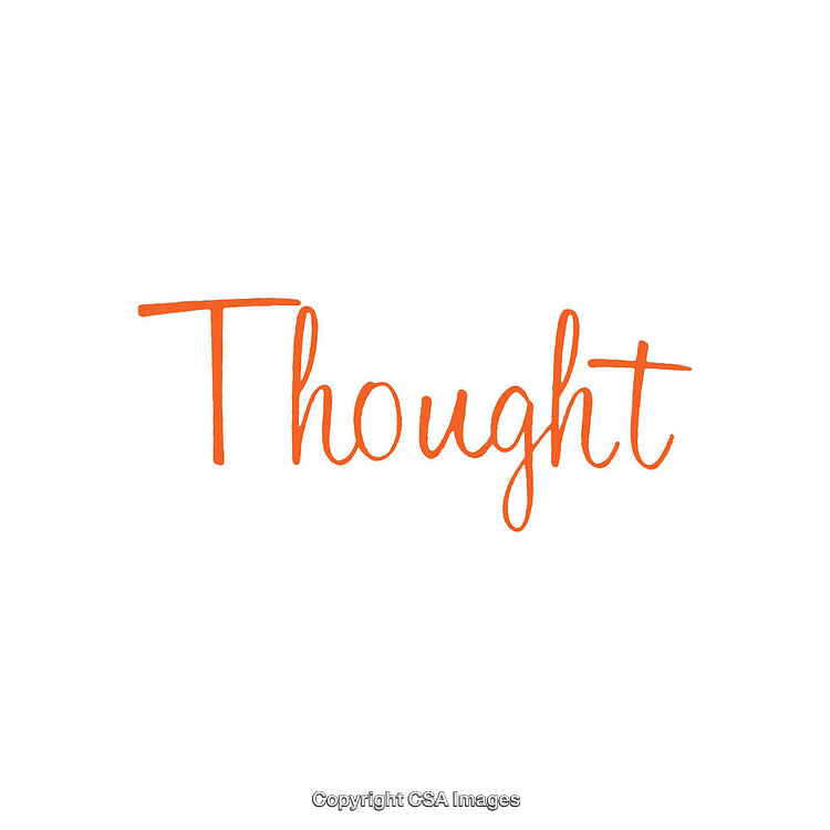 Handwritten Word 'Thought' in Colorful Typeface on White Background