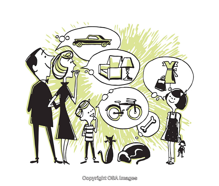 Vintage Illustration of a Modern Family Imaginatively Expressing Their Dreams