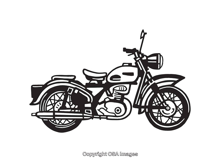 Black and White Line Art Illustration of a Vintage Motorcycle