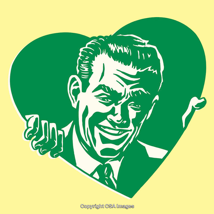 Retro Male Character in Green Heart-Shaped Frame on Yellow Background
