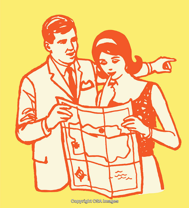 Retro Illustration of a Couple Discussing a Map with Yellow Background