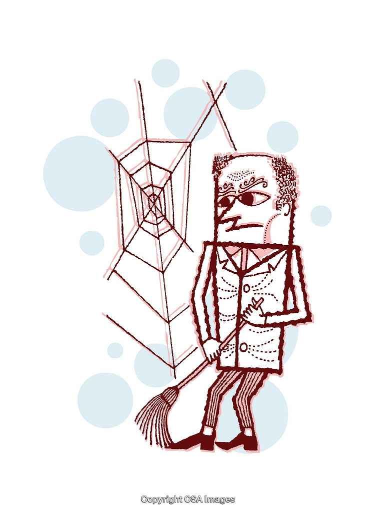 Illustration of a Person with a Broom and Cobwebs in a Thoughtful Pose
