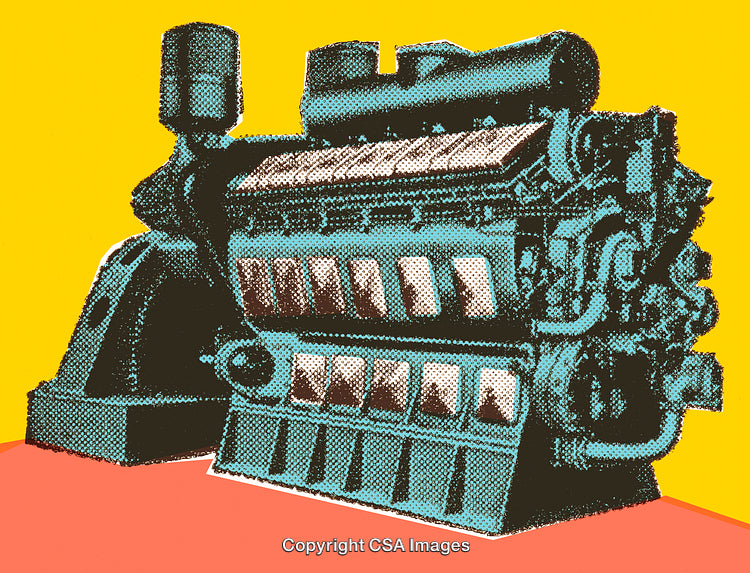 Retro Pop Art Illustration of a Large Industrial Engine on Vibrant Background