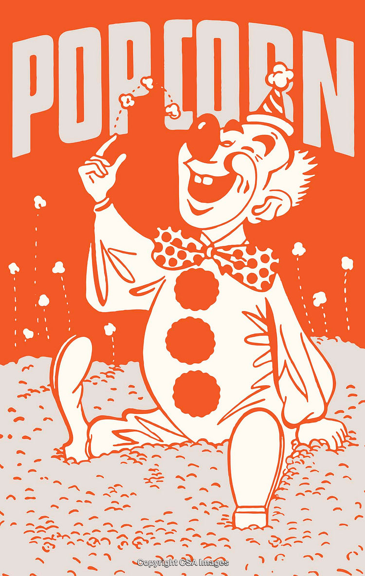 Retro Clown Illustration With Popcorn and Bold Typography