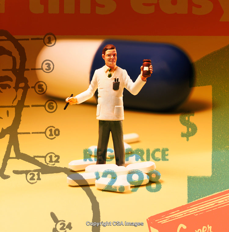 Miniature Pharmacist Figurine with Pills and Retro Pharmacy Advertising Design