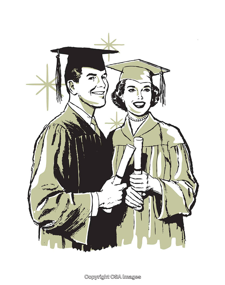 Retro Illustration of Graduates Smiling While Holding Diplomas in Caps and Gowns