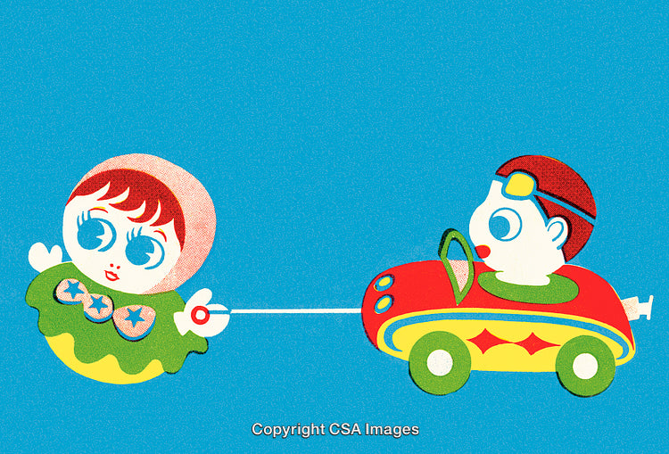 Vintage Inspired Illustration of Colorful Toy Interaction with Cheerful Characters