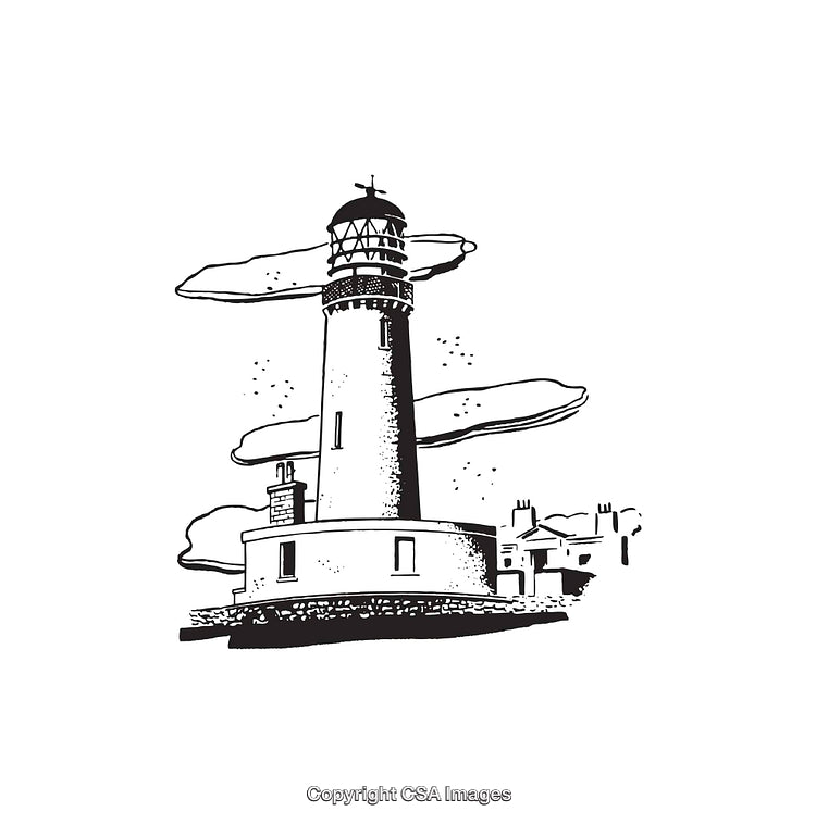 Black and White Line Art Illustration of a Lighthouse and Seaside Buildings