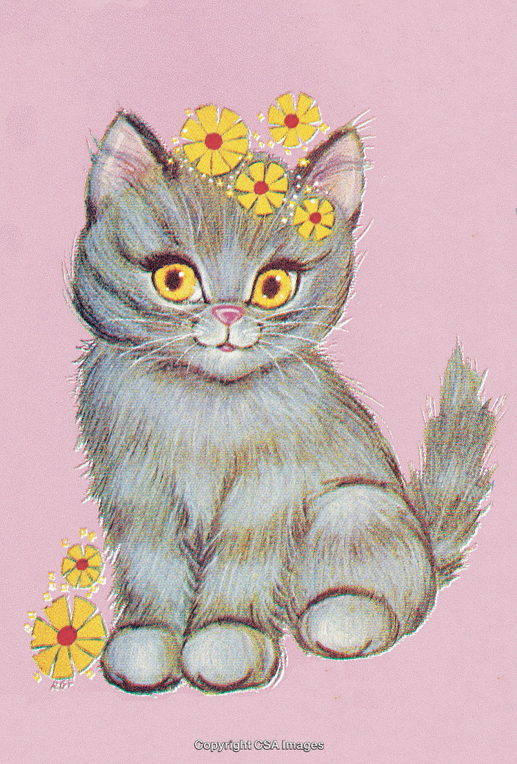 Cute Illustrated Cat Sitting With Flowers on a Pastel Pink Background