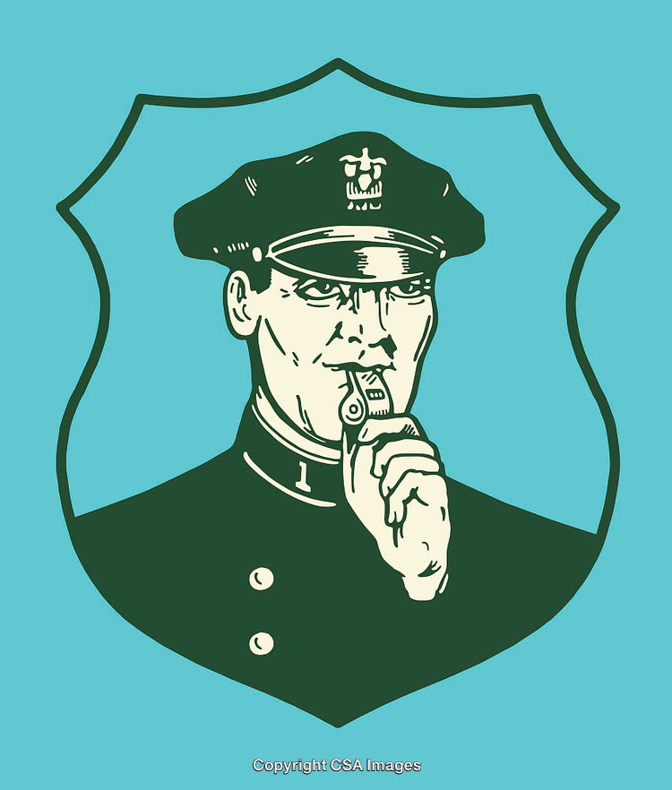 Vintage Illustration of Policeman Blowing Whistle in Shield Emblem Design