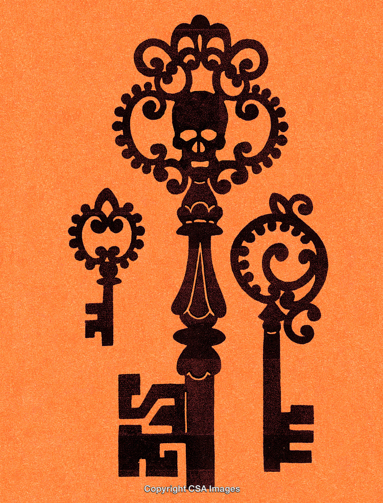 Stylized Black Keys on Orange Background Featuring Ornate and Skull Elements