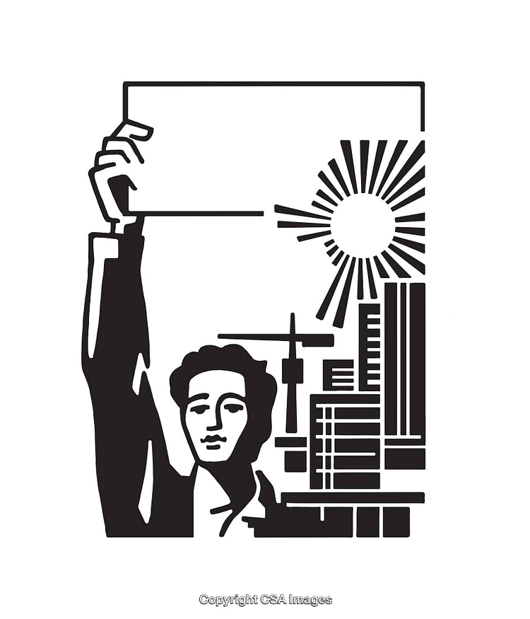 Black and White Line Art of Worker Holding Placard Against Urban Skyline
