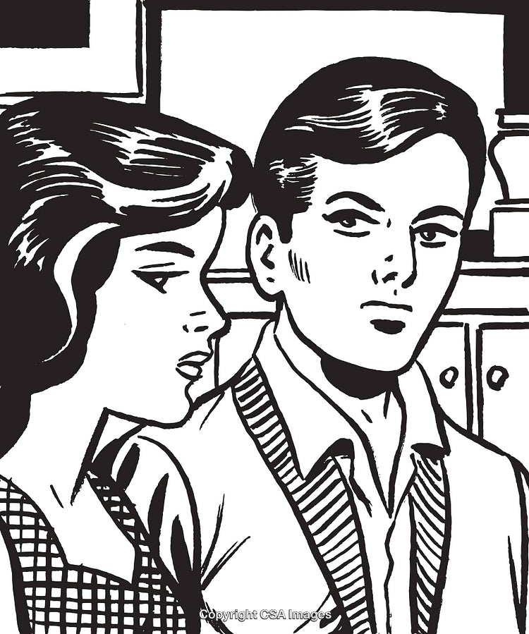 Retro Comic-Style Illustration of a Young Couple in Conversation