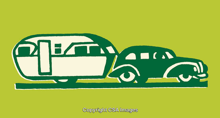 Vintage Car Towing a Classic Camper Trailer Line Art Illustration