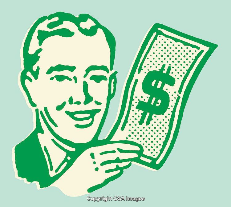 Retro Styled Illustration of a Man Holding a Large Dollar Bill