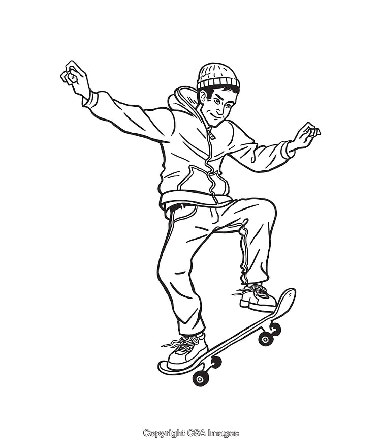 Black and White Line Art Illustration of a Skateboarding Individual Performing a Trick