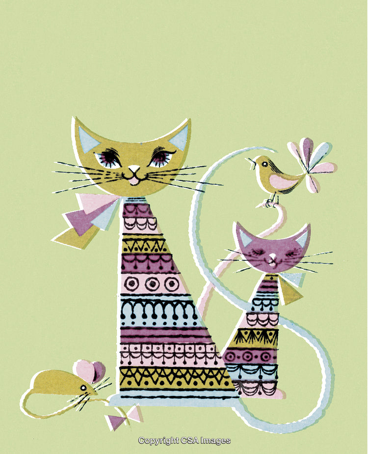 Colorful Retro Illustration of Two Decorative Cats With Bird and Mouse