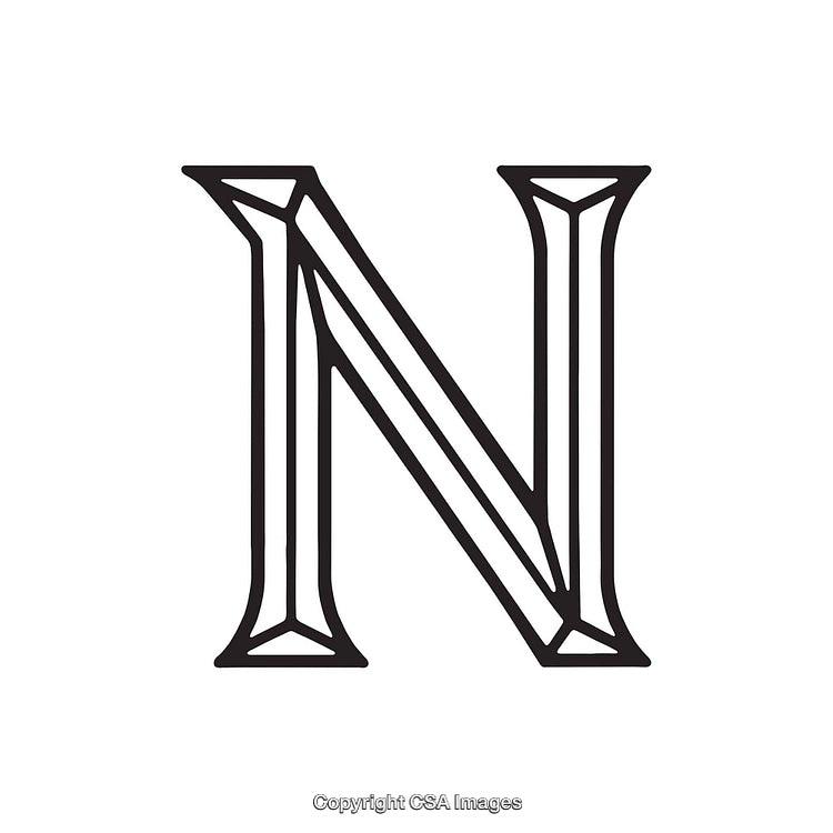 Decorative Serif Letter N in Black and White Stylized Design