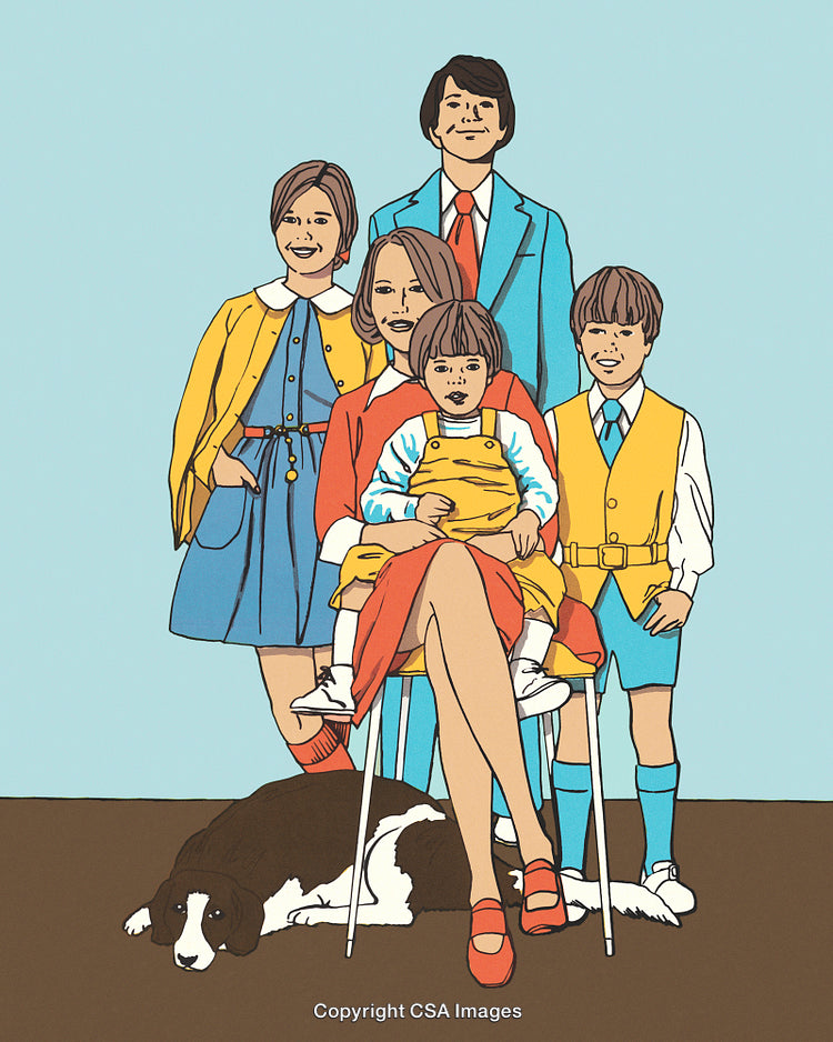 Retro Illustration of a Family Portrait with a Pet Dog