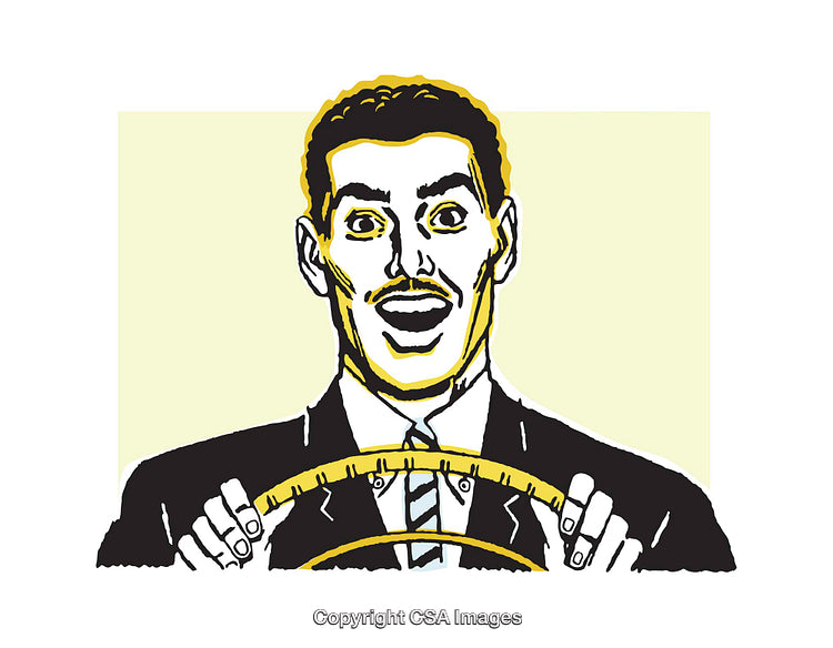Colorful Illustration of a Cheerful Man Holding a Steering Wheel