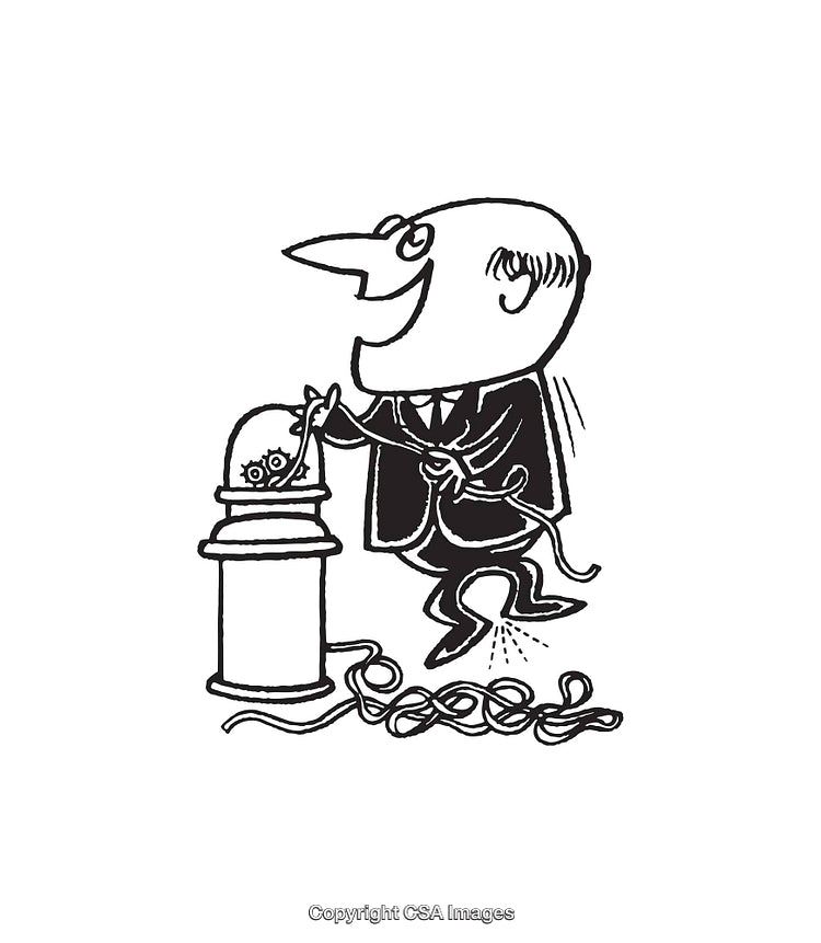 Black and White Illustration of a Man with an Unusual Machine