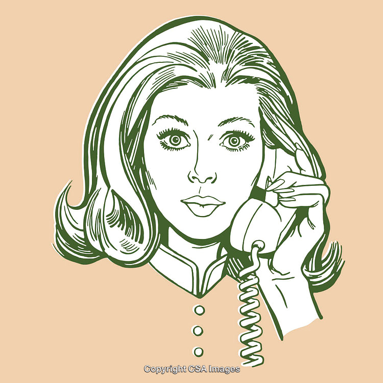 Color Line Art Illustration of Woman Speaking On a Vintage Telephone