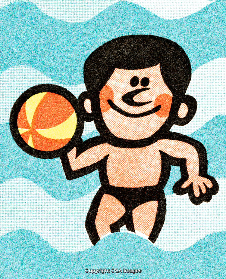 Cheerful Cartoon Boy Holding a Ball Against a Wave Patterned Background