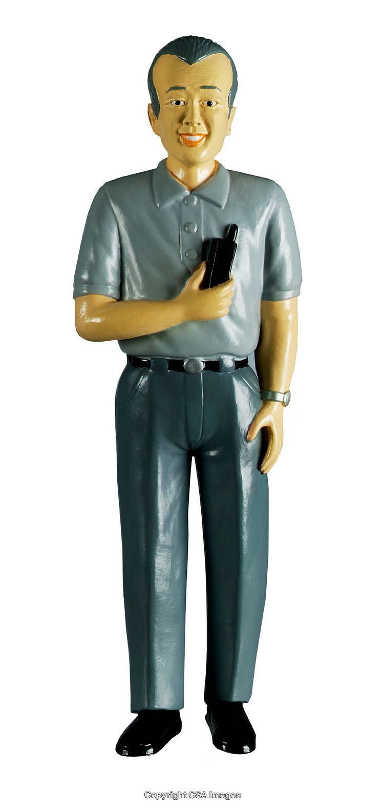 Plastic Figure Toy Depicting a Smiling Man Holding a Mobile Device