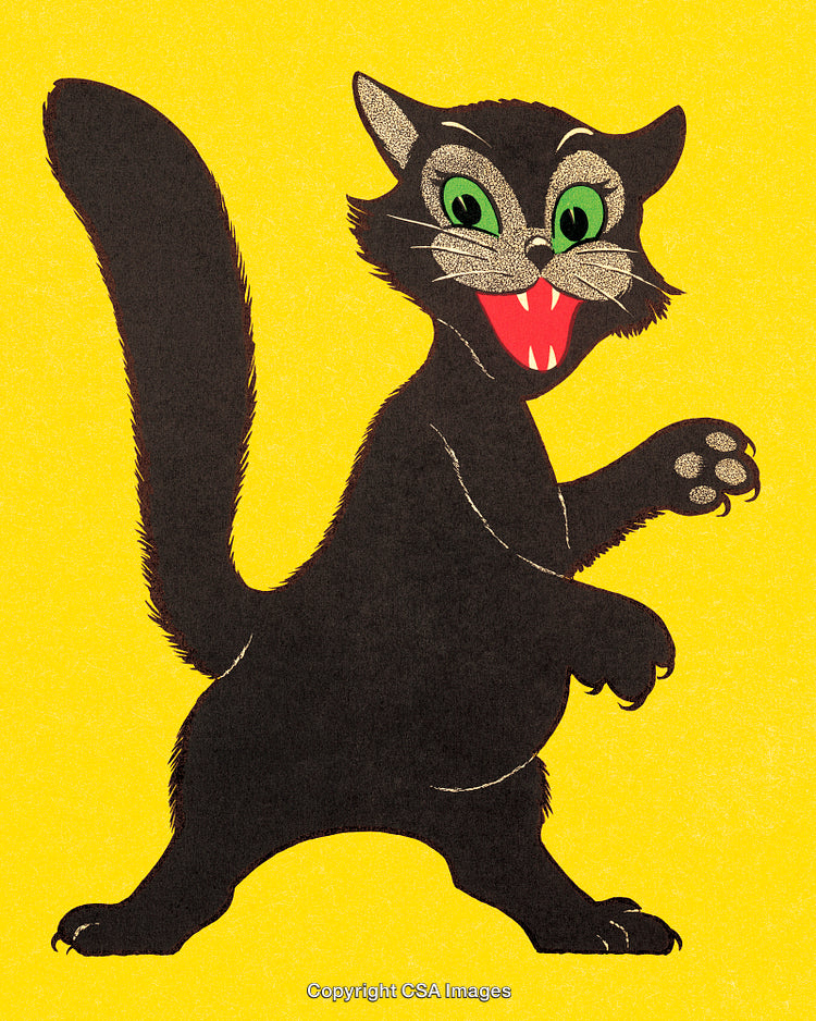 Illustration of a Whimsical Black Cat on a Yellow Background