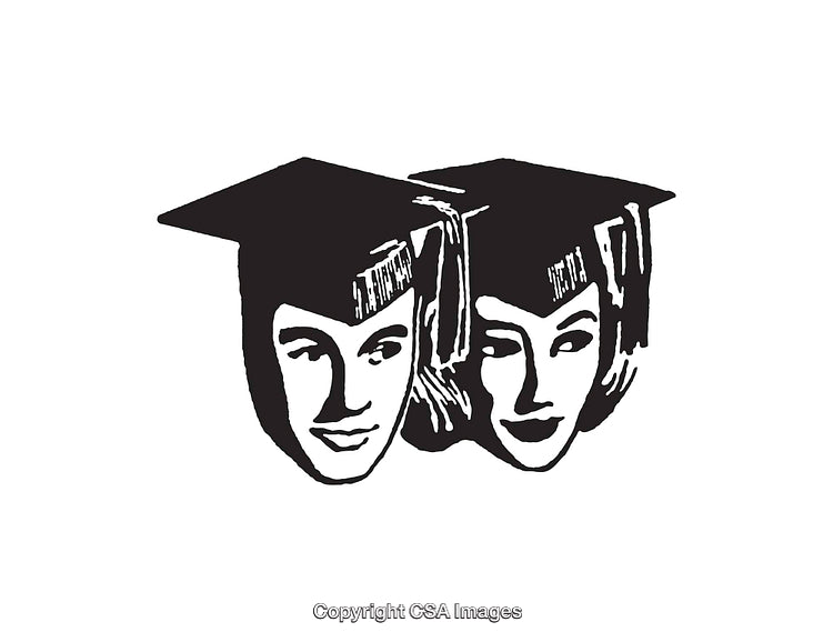 Black and White Illustration of Two Graduates in Academic Caps