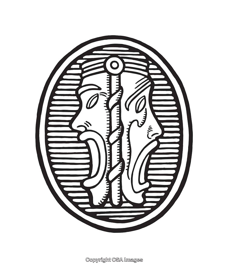 Vintage Black and White Medallion Line Art Illustration of Faces