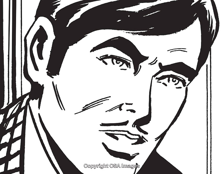 Stylized Black and White Illustration of a Thoughtful Man
