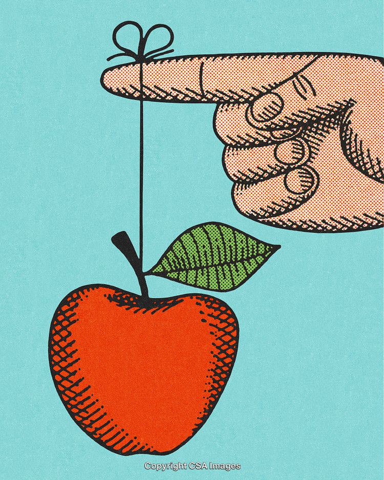 Hand and Apple Symbolizing Reminder with Playful Illustration Style