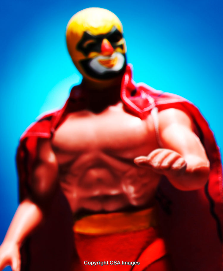 Close-Up of a Vibrant Action Figure Toy in Costume and Mask