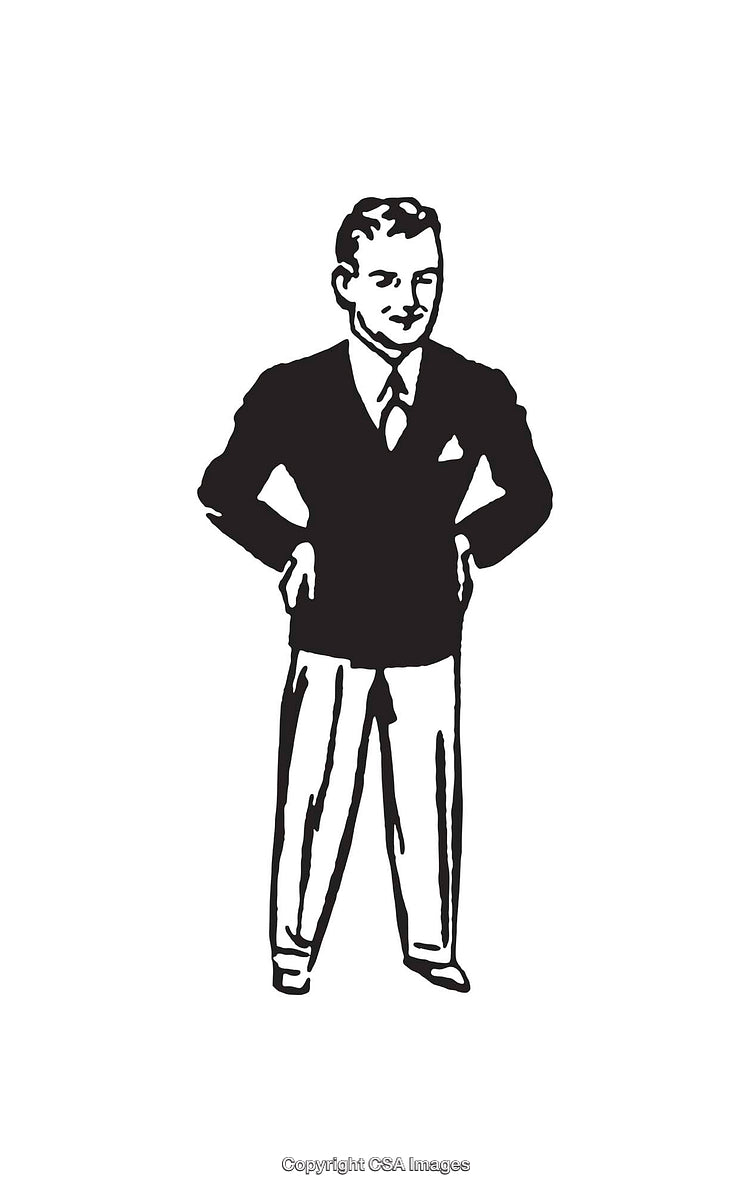 Retro Black and White Line Art Illustration of a Confident Businessman