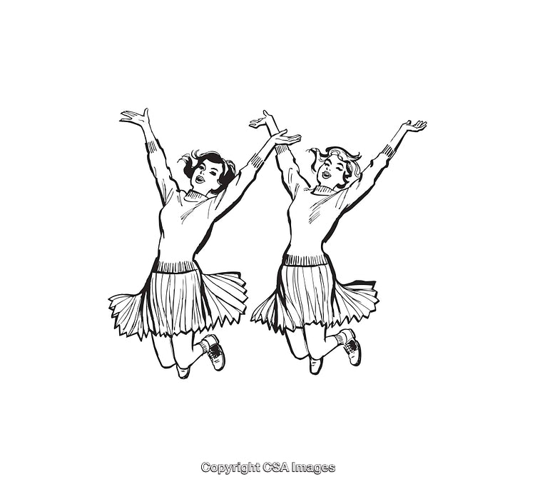 Black and White Line Art of Two Joyful Women Jumping Together