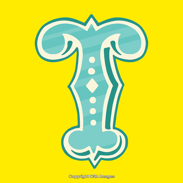 Stylized Blue Letter T on Bright Yellow Background in Bold Design