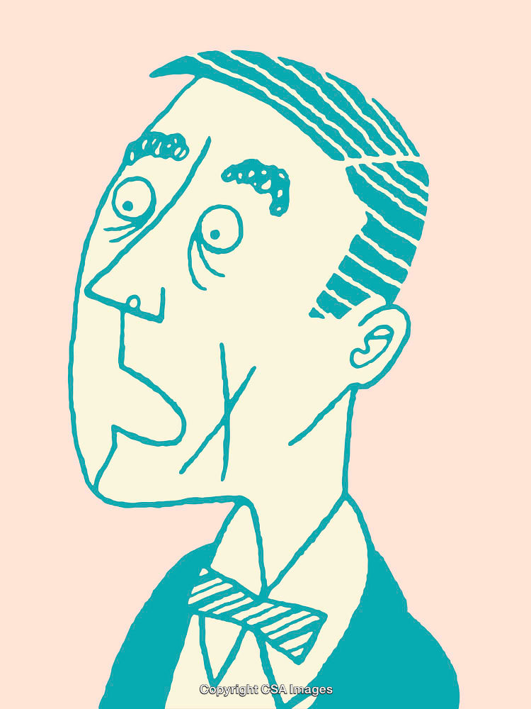 Whimsical Line Art Illustration of a Surprised Cartoon Man in Bow Tie